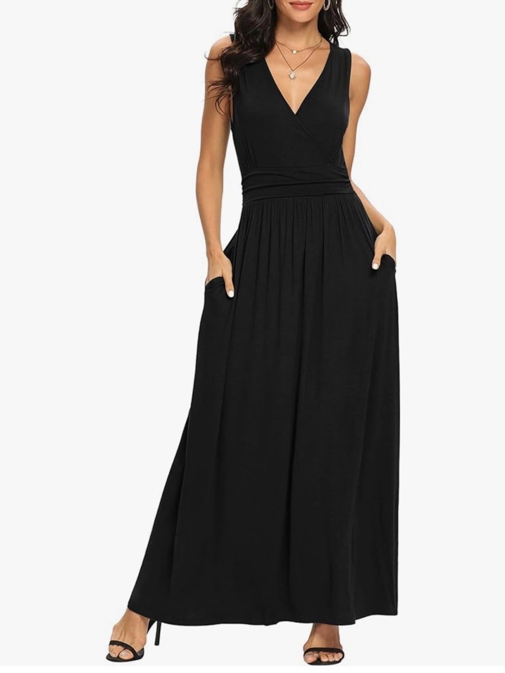 Sleeveless V-Neck Black Maxi Dress with Pockets